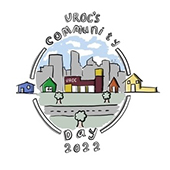 Illustration of buildings and skyline reading UROC's Community Day