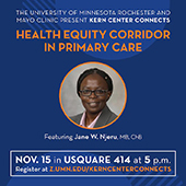Advert featuring Jane Njeru in center with text Health Equity Corridor in Primary Care