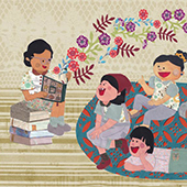 Illustration of a woman reading to 3 children