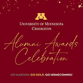 Graphic reading Alumni Awards Celebration in cursive on a maroon background