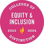 Pink circle reading Colleges of Distinction Equity and Inclusions award