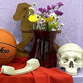 a basketball, old telephone, flowers in a vase, and a human skull rest on a table