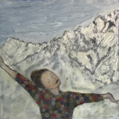 artwork of person enjoying outside mountain scene