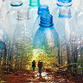 plastic bottles overlaying nature scene