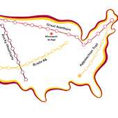 routes highlighted on U.S. map