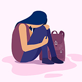 Graphic of woman with head in knees being sad