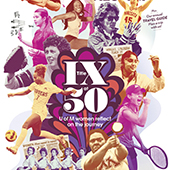 Magazine cover reading Title IX at 50 with montage of women athletes