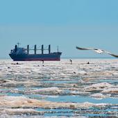 Ship among ice in Duluth harbor