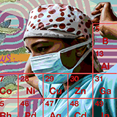 section of UMR mural of health professional in mask and scrubs