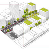 landscape of green roofs and streetscape featuring autonomous driving friendly infrastructure
