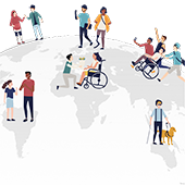 Animated graphic of diverse people socializing on a section of globe 