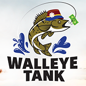 Graphic of walleye with hat going after money on fishing hook