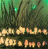illustration of mushrooms with backdrop of reeds