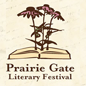 Illustration of flowers growing from pages of open book reading "Prairie Gate Literary Festival"