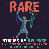 Poster advert reading Rare: Stories of Dis-ease. Graphic features person with bow holding two intertwining snakes