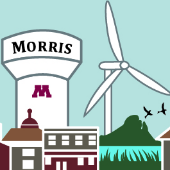 Graphic of water tower reading Morris as well as a wind tower 