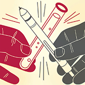 Graphic of two hands, one holding a pen, one a beaker