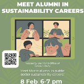 Graphic with four windows each with a person and text reading Meet alumni in sustainability careers