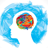 abstract artwork featuring human head profile with colorful artwork inside where the brain would be