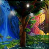 a colorful mural with a tree at its center