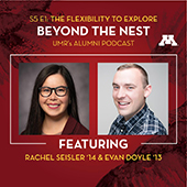 A graphic for Beyond the Nest podcast with photos of Evan Doyle and Rachel Seisler