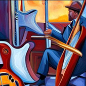 abstract painting of black jazz musician playing upright bass