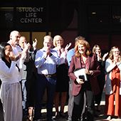 UMR leaders and others gather in front of new student life center
