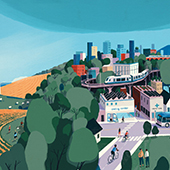 An illustration of the Twin cities campus and city with farmland adjacent