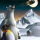 screenshot from animated Polaris film with polar bear and penguin looking up at moon
