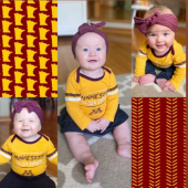 three babies in maroon and gold gear