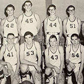 black and white photo of a team of 1960s high school basketball players