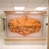 A large orange ceramic sculpture from the North Shore exhibit 