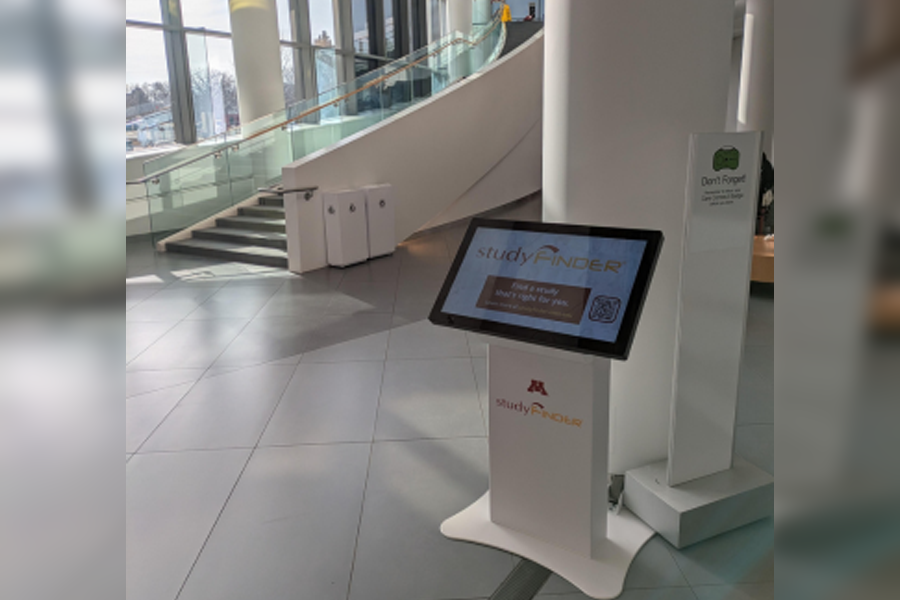 A StudyFinder kiosk in a lobby.