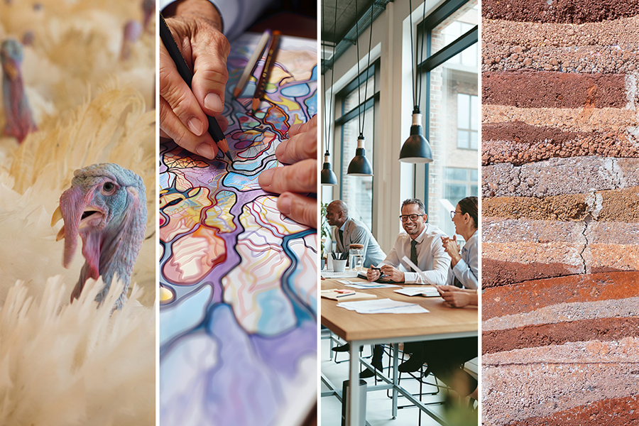 Photo collage of live turkeys, art project with hand, office space with employees and wall texture for a clay structure.