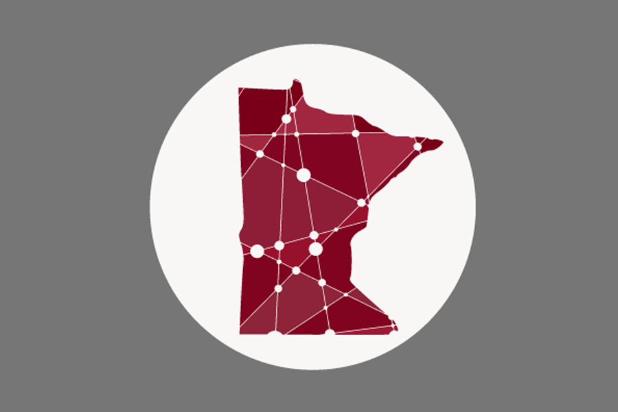 Maroon state of Minnesota with crisscrossing lines across the state.