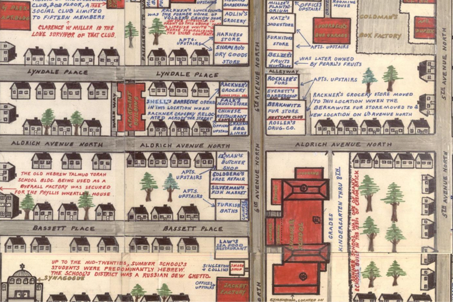 Colorful drawing of a map where racial covenants were.