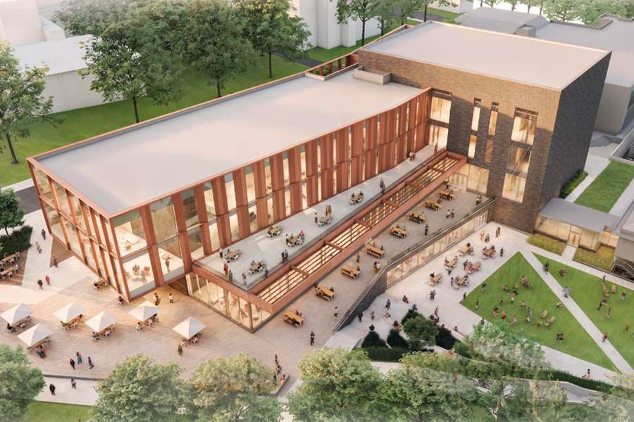 Aerial view of a rendering of the St. Paul Campus Center.