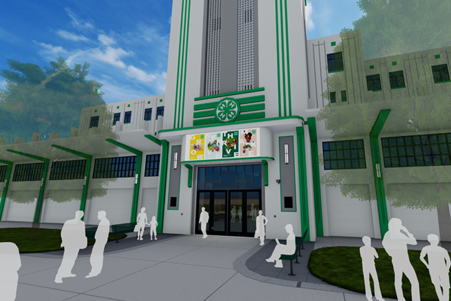 Artistic rendering of the 4-H Building with a tall central tower, green accents, and people silhouettes in a courtyard.