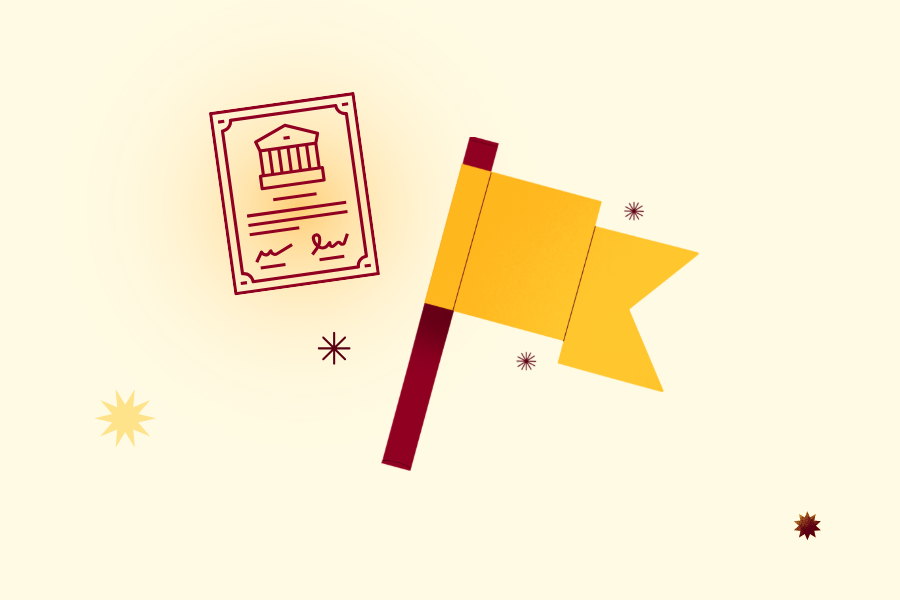 Maroon and gold graphic of a legal document and a flag.