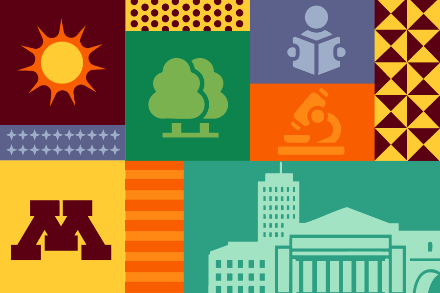Illustrations including an M logo, a sun, trees, and more.