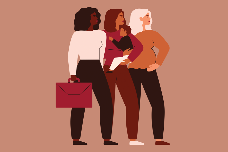 Three women looking to the side, holding a briefcase, a child, and their stomach respectively.