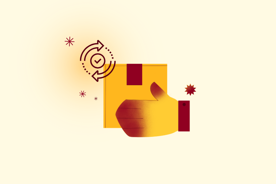 Maroon and gold graphic of a hand holding a box.