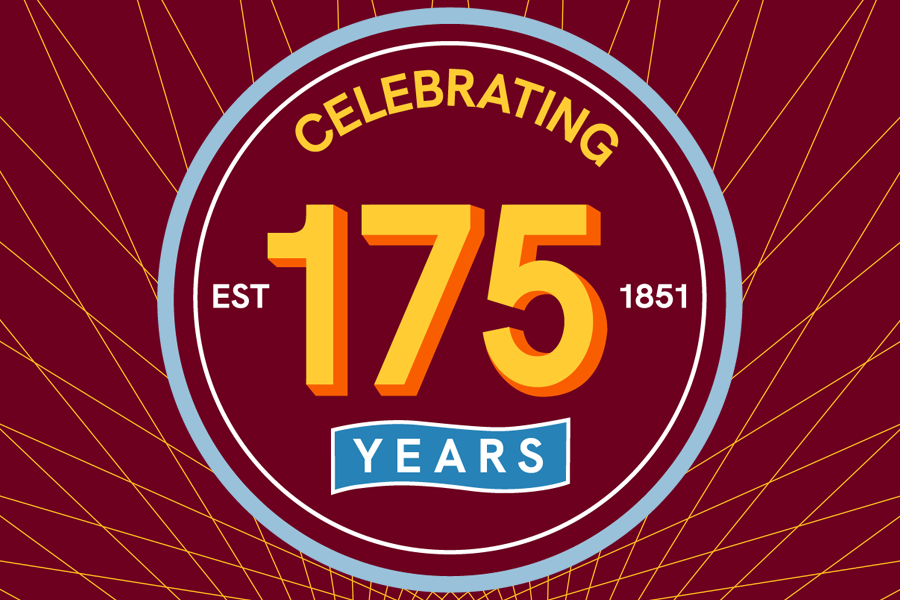 Circular badge that reads, "Celebrating 175 years Est. 1851" on a maroon and gold background..