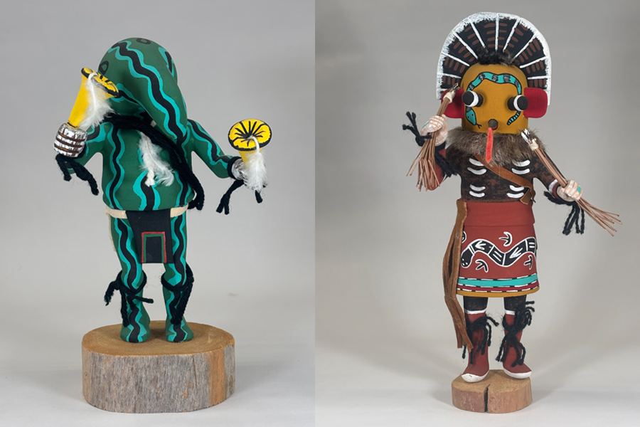 Left: Zuni Situlilu Katsina Figurine. Right: Patang/Squash Katsina Figurine.